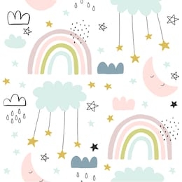 seamless cute pattern for kids, children. rainbow, clouds, moon, and stars background. scandinavian style for fabric, wallpaper, clothes, swaddles, apparel, planner, sticker