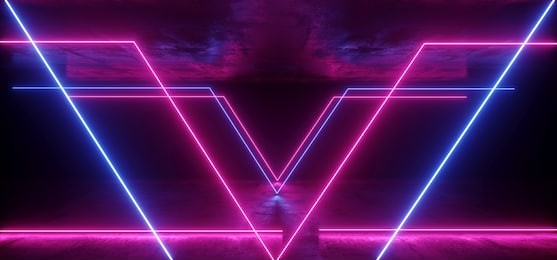 triangle neon glowing sci fi futuristic background alien spaceship vibrant fluorescent laser show stage dark grunge concrete purple blue pink reflection gate x shaped lights led 3d rendering 