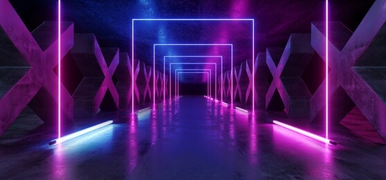 concrete grunge columns x shaped corridor tunnel dark hall reflective neon glowing sci fi futuristic modern  path purple blue vibrant shapes gate stage show laser 3d rendering illustration