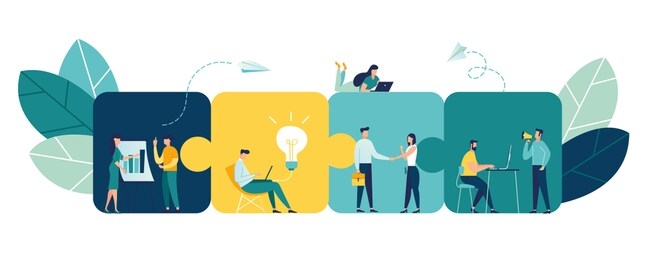 business concept. team metaphor. people connecting puzzle elements. vector illustration flat design style. symbol of teamwork, cooperation, partnership.
