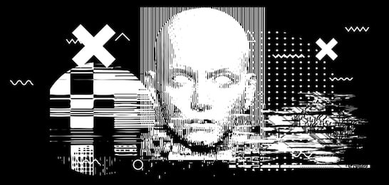concept illustration of artificial intelligence, high-tech cybernetic future robot, human machine. distorted 3d mask of human face. cover for ai hackathon, deep learning computer vision algorithm.