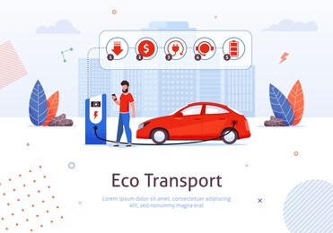 electric car in refill banner. refueling vector illustration. eco transport. concept of nature saving and new technology. man waiting with mobile phone. charging modern electro car at e-station.
