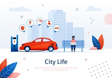 electric car in refill banner. refueling vector illustration. eco transportation. charging modern electro car at e-station. concept of nature saving and new technology. man waiting with computer.