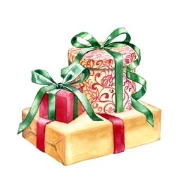 watercolor presents box with bow. hand painted gift winter merry christmas and happy new year, birthday isolated illustration, in red, yellow, green, golden, blue 