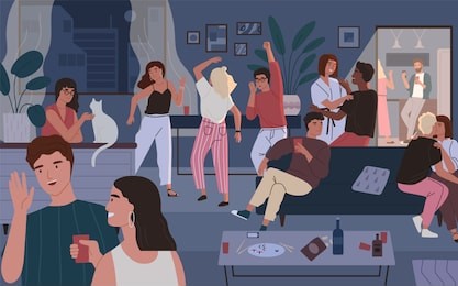 happy friends at home party. apartment or living room full of people having fun, dancing and talking. young cute men and women spending time together at night. flat cartoon vector illustration.