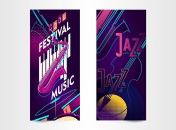 vertical ticket poster for music festival, jazz show, vector illustration, templates for two sides of concert invitation cards of neon illustrations isolated