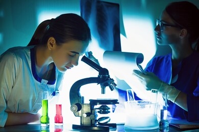student girl looking in a microscope, science laboratory concept. two beautiful schoolgirls doing experiment together in the laboratory.