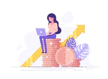 financial consultant leaning on a stack of coins smiles friendly and waves with hand. successful investor or entrepreneur. financial consulting, investment and savings. modern vector illustration.