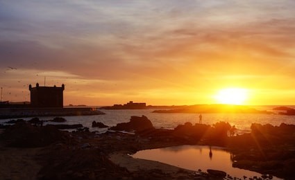 essaouira old city walls in morocco. shot at sunset.