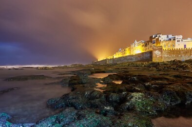 essaouira castle and port on the atlantic coast in morocco, north africa at night