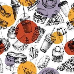 seamless pattern with hand drawn fast food illustrations. vintage background for restaurant, cafe or food truck menu. 
engraved style elements - burger, ice cream, milkshake, fries, pizza drawings.