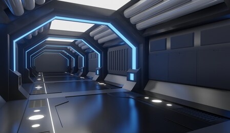 3d rendering spaceship black interior with blue light,tunnel,big corridor, futuristic 