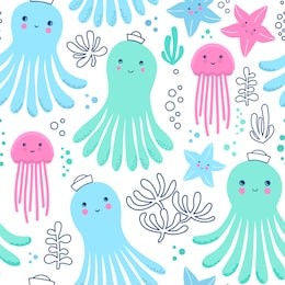 seamless vector pattern with octopus and jellyfish in kawaii style.