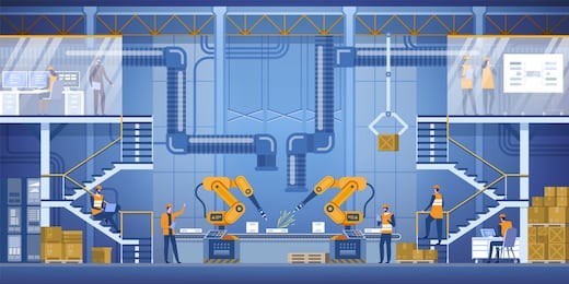 smart factory interior with robotic arms, workers, engeneers and manager. smart industry 4.0. high detailed vector illustration