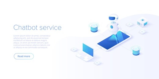 chatbot or artificial intelligence network concept in isometric vector illustration. neuronet or ai technology background with robot head and connections of neurons. web banner layout template.