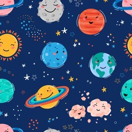 space seamless pattern with planets solar system, sun, meteorite and stars. doodle cartoon cute planet smiling face. space vector background for kids t-shirt print, nursery design, birthday party