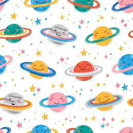 space seamless pattern with planets and stars. doodle cartoon cute saturn planet smiling face. space vector background for kids t-shirt print, nursery design, birthday party