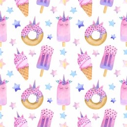 seamless pattern with watercolor hand painted unicorn rainbow sweet and tasty cakes, donuts, cupcakes. hand painted dessert background perfect for textile or baby nursery design.