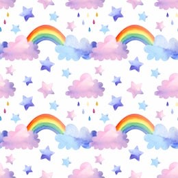 cute seamless pattern with rainbow and pink and blue clouds with rain drops. isolated on white watercolor rainbow and clouds for textile, fabric 