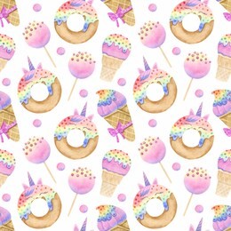 seamless pattern with watercolor hand painted unicorn rainbow sweet and tasty cakes, donuts, cupcakes. hand painted dessert background perfect for textile or baby nursery design.