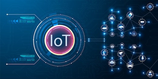 the concept of iot technology on a blue background. the concept of connecting devices. spider web of network connections with on a futuristic blue background. iot vector icons 