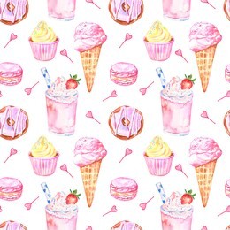 watercolor seamless pattern with hand painted sweets dessert - ice cream in a cone, cupcakes, donuts, macarons and milk berry shake in pastel colors. pink bright summer background for cards, textile.