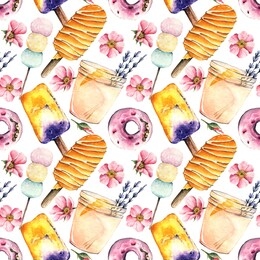 watercolor illustration. sweet summer, cocktail, ice cream, mochi, donut, handmade, postcard, print on t-shirt, seamless pattern, light background