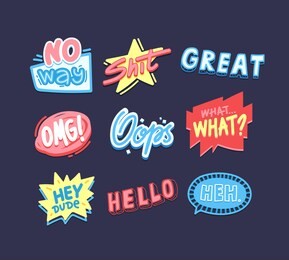 expressive sayings flat vector stickers pack. creative social media cartoon messages. greeting card, postcard typography design. hello, oops, omg letterings. trendy slang phrases collection
