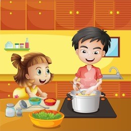 illustration of a young girl and boy at the kitchen