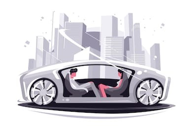 super car of future vector illustration. man and woman sitting opposite each other in modern smart automobile and communicating flat style concept. autonomous vehicle self driving machine