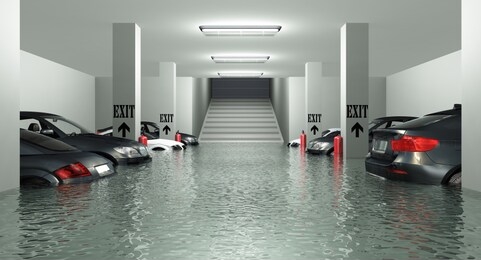flooded underground parking, car park - water damage (3d rendering)