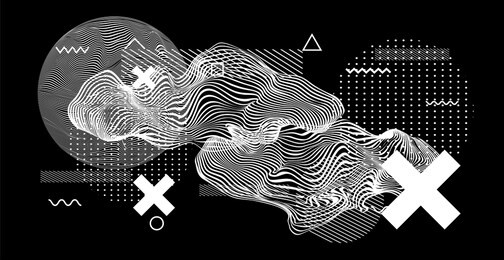 abstract minimal vector black and white poster template with glitched generative art geometric composition. high-tech/ cyberpunk technologies of future/ virtual reality.