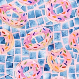 watercolor seamless pattern of summer pool floats, geometric tile. artistic holiday background. hand painted illustration of mosaic with water color paper textures, ring donut lilo, swimming pool tile