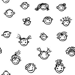 seamless pattern of funny smiling faces of children. happy children. doodle illustration drawn by black felt pen. children art style sketch. vector funny baby faces.