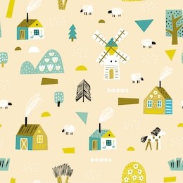 childish seamless pattern with house, trees, horses, mills and floral. europe nature landscape concept. perfect for kids fabric, textile, nursery wallpaper. seamless green background.