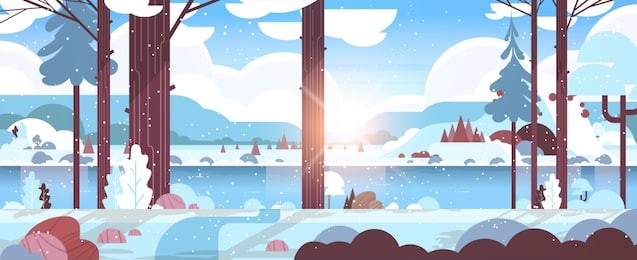 cold winter morning mountain river in snowy forest sunrise landscape nature background flat horizontal