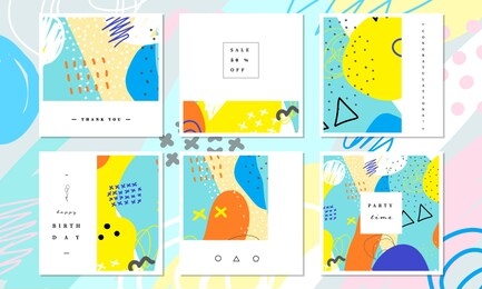 abstract card collection. beautiful art painting colored with hand drawing element for social media banner, thank you and greeting card. cute card template. abstract collage art vector illustration. 