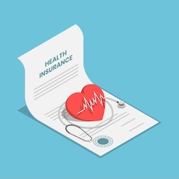 flat 3d isometric heart and stethoscope on health insurance contract document. healthcare medical insurance business concept.