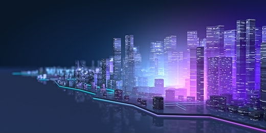 wide view of the futuristic night neon city. modern cityscape in neon lights. retrowave and cyberpunk style. 3d illustration. 