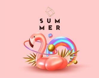 background with 3d objects, bird shape pink flamingo, torus lifebuoy color gradient, golden balls and rings, gold palm leaves. trendy banner, poster, website cover. summer minimal abstract background