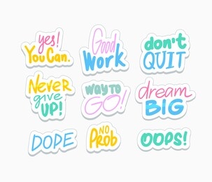 inspiring social media stickers set. cheerful phrases flat vector illustrations pack. motivating quotes collection. greeting card, postcard typography. dream big, never give up letterings
