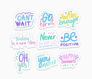 optimistic phrases vector stickers pack. cheerful flat messages set. positive attitude, lifestyle quotes illustration. greeting card, postcard typography. happy thoughts, you matter letterings
