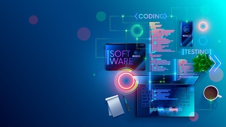 software development coding process concept. programming, testing cross platform code, app on laptop, tablet, phone. create, editing script desktop and mobile devices. technology software of business.
