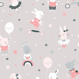 creative seamless childish pattern with cute rabbits . vector baby design for fashion apparels, fabric, textile; wrapping and wallpaper.
