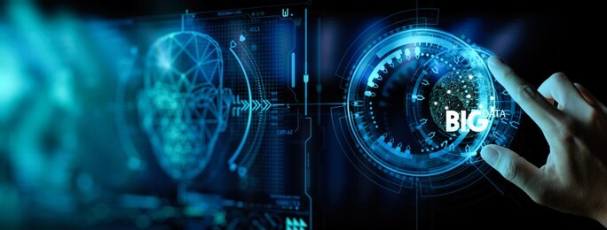 big data world and globe icon ui with hand selecting and pressing big data symbol and modern interface.