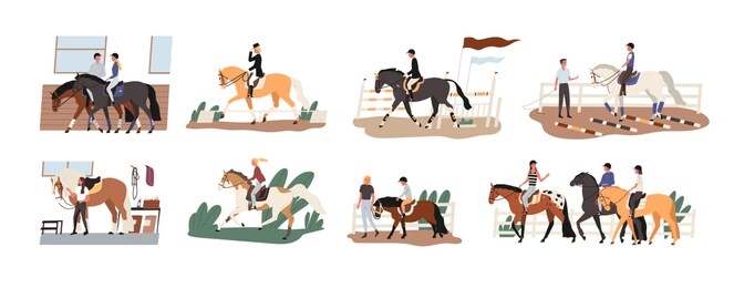 collection of people riding horses. bundle of cute men, women and children practicing horseback riding or equestrianism, caring about their domestic animals. flat cartoon colorful vector illustration.