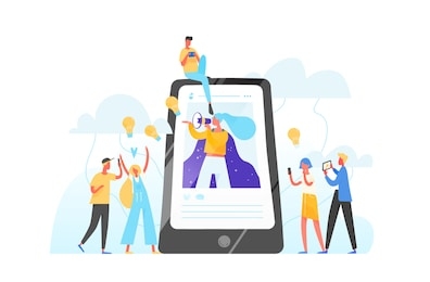 mobile phone, woman with megaphone on screen and young people surrounding her. influencer marketing, social media or network promotion, smm. flat vector illustration for internet advertisement.
