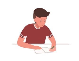 cute young boy sitting at desk and writing school test isolated on white background. student preparing for exams at university or studying. colorful vector illustration in flat cartoon style.
