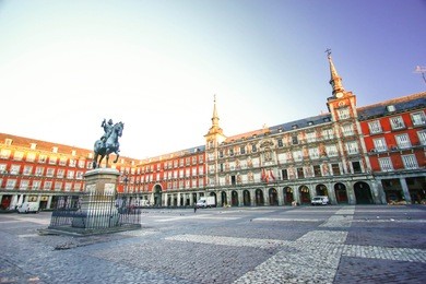 morning light at plaza mayor in madrid , spain