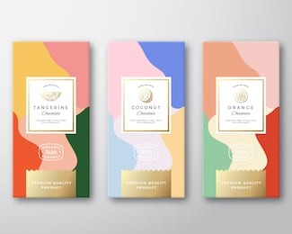 tangerine, orange and coconut chocolate labels set. abstract vector packaging design layout. soft realistic shadows. modern typography, hand drawn citrus silhouettes and colorful background. isolated.